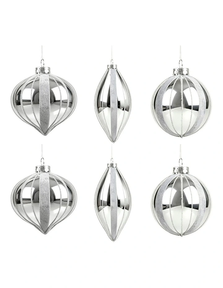 Sherwood Christmas Glitter Stripe Glass Mixed Shape Baubles (6 Pack) Silver image 6
