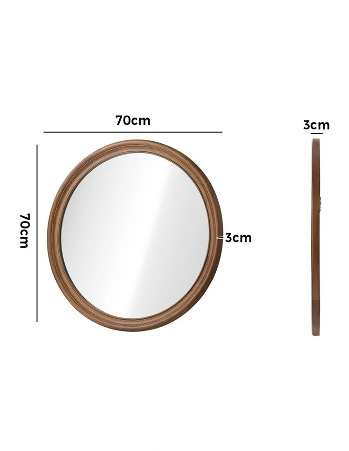Oikiture 70cm Round Wall Mirror 3mm Thick Mirrors Wooden Frame Wide Edging image 3