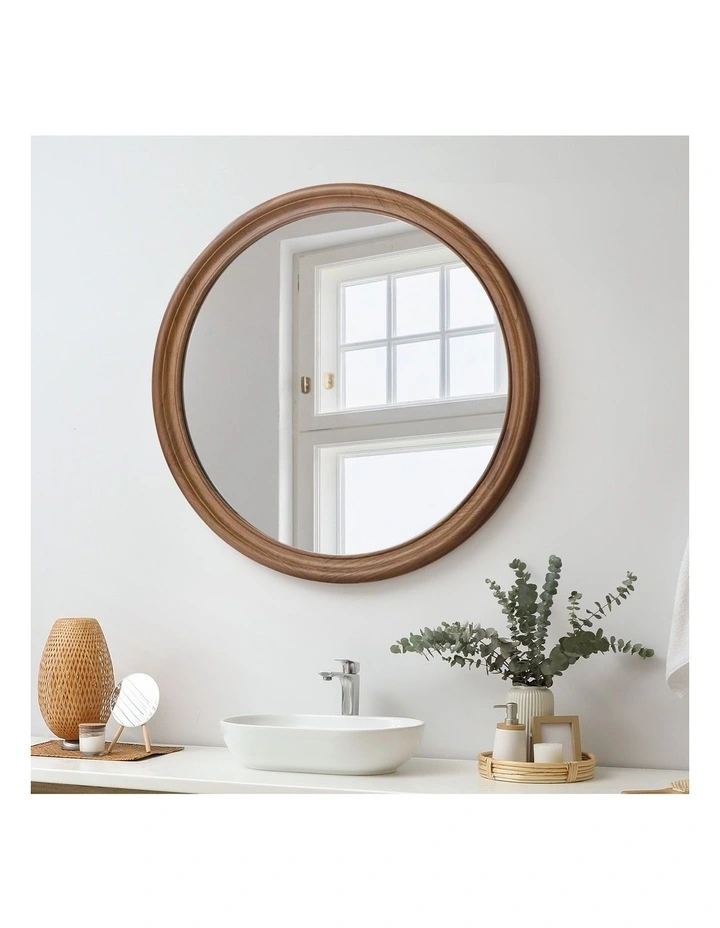 Oikiture 70cm Round Wall Mirror 3mm Thick Mirrors Wooden Frame Wide Edging image 4