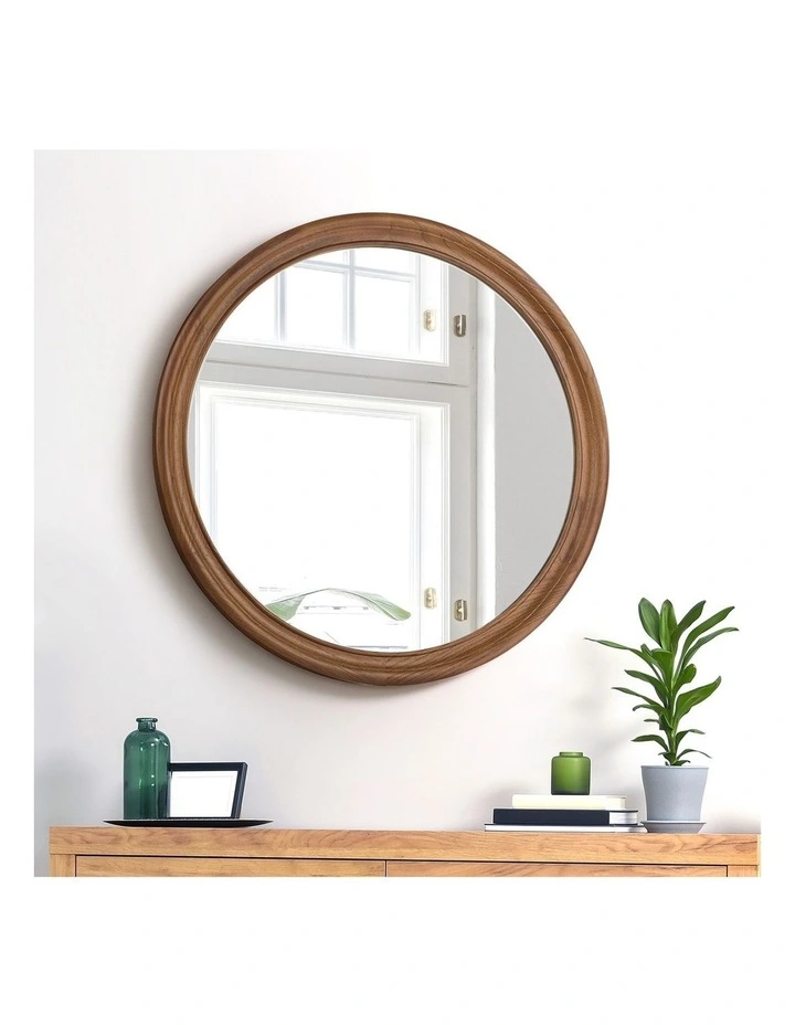 Oikiture 70cm Round Wall Mirror 3mm Thick Mirrors Wooden Frame Wide Edging image 5