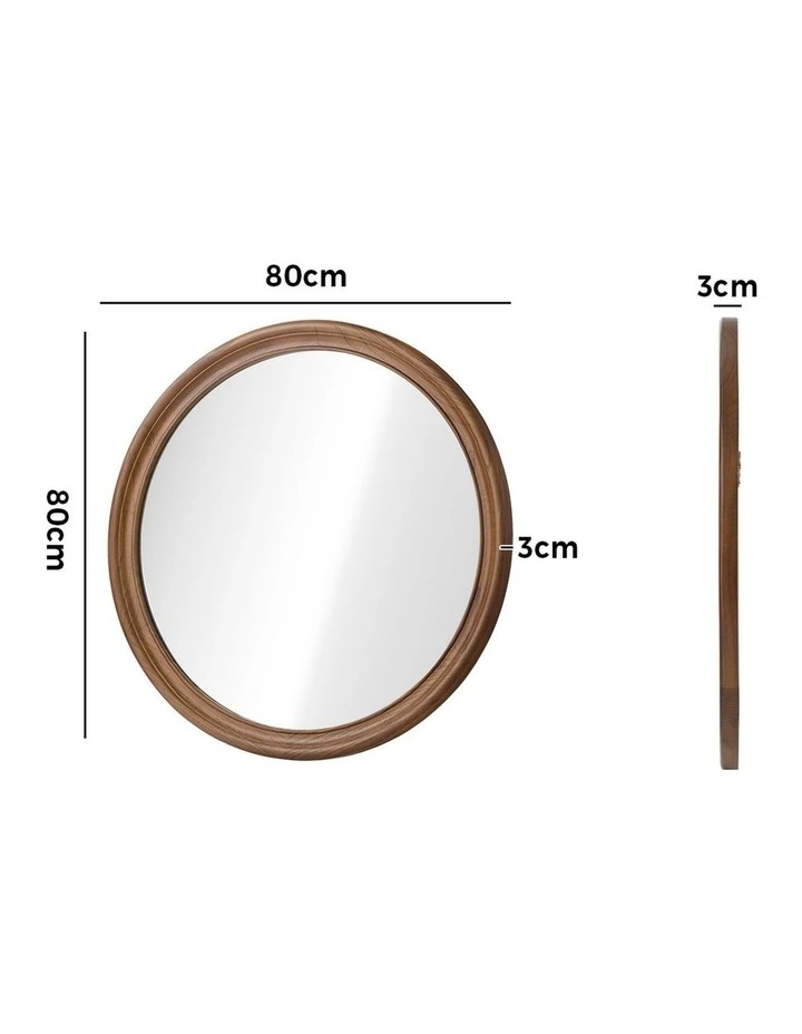 Oikiture 80cm Round Wall Mirror 3mm Thick Mirrors Wooden Frame Wide Edging image 3