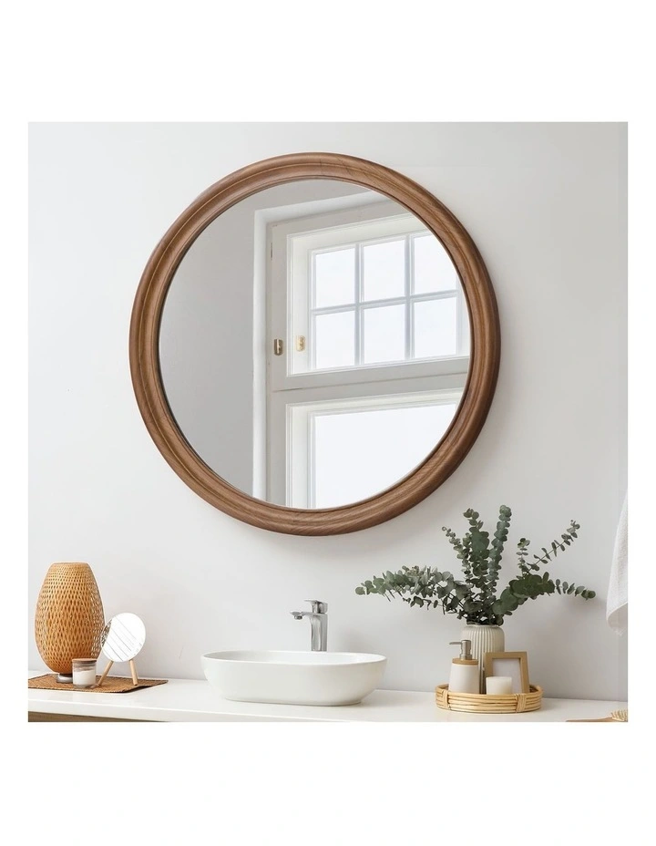 Oikiture 80cm Round Wall Mirror 3mm Thick Mirrors Wooden Frame Wide Edging image 4