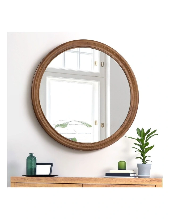 Oikiture 80cm Round Wall Mirror 3mm Thick Mirrors Wooden Frame Wide Edging image 5
