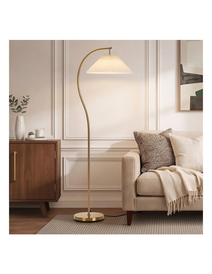 Oikiture Floor Lamp Standing Lamp Pleated Shade Metal Reading Lamp Golden image 4