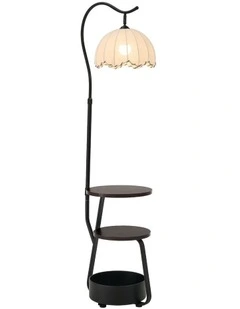 Oikiture Metal Floor Lamps Freestanding Reading Lamp Fabric Shade w/Side Table