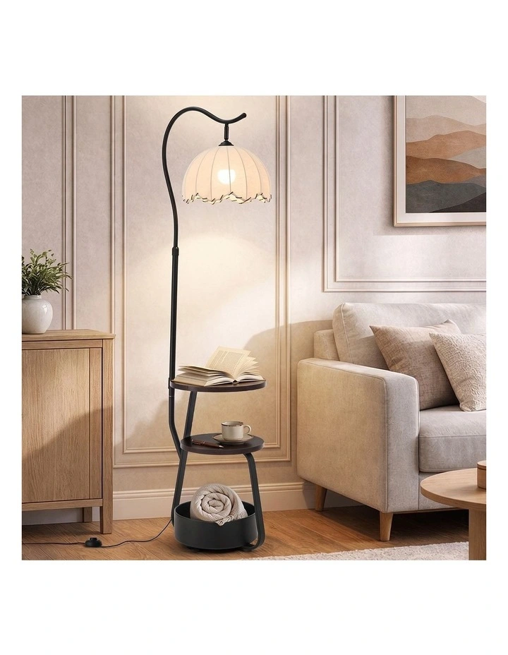 Oikiture Metal Floor Lamps Freestanding Reading Lamp Fabric Shade w/Side Table image 4