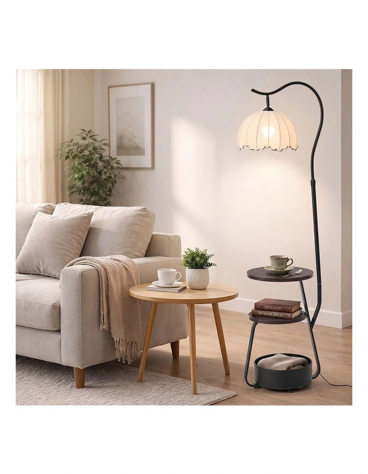 Oikiture Metal Floor Lamps Freestanding Reading Lamp Fabric Shade w/Side Table image 7