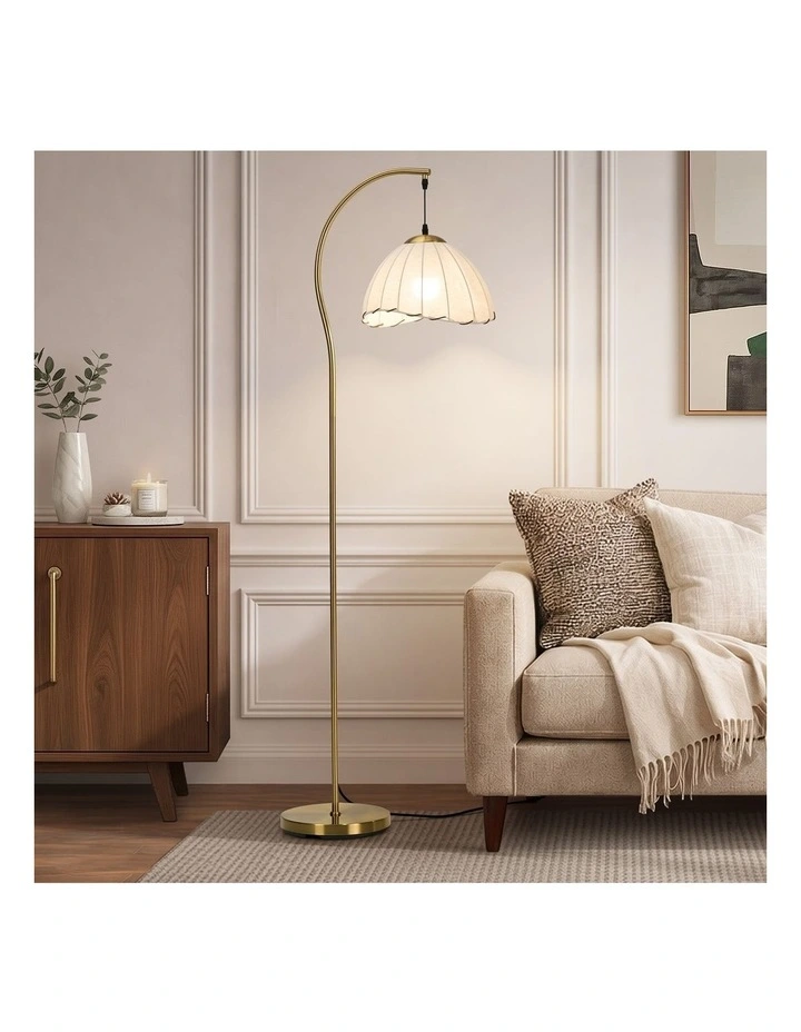 Oikiture Retro Floor Lamps Standing Lamp Fabric Shape Metal Frame Golden image 4