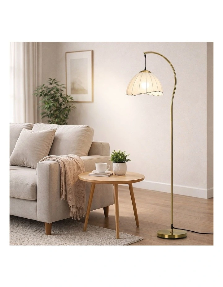 Oikiture Retro Floor Lamps Standing Lamp Fabric Shape Metal Frame Golden image 7