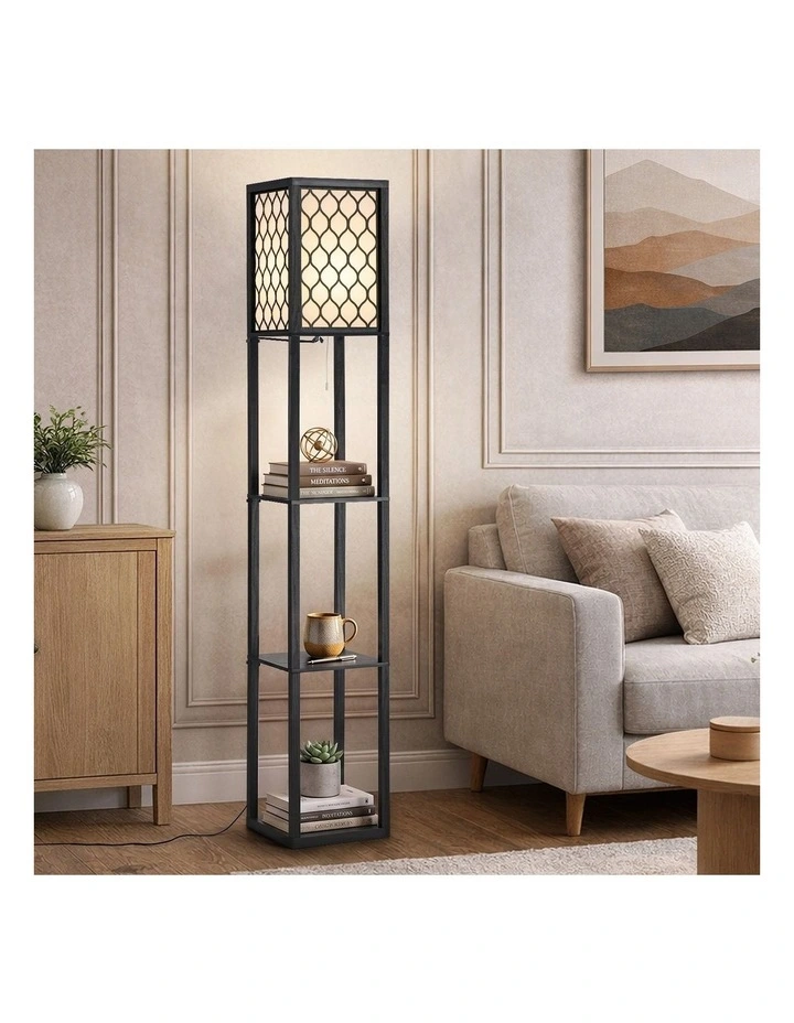 Oikiture Column Floor Lamps Freestanding Metal Lamp Fabric Shade 3-tier Shelves image 4