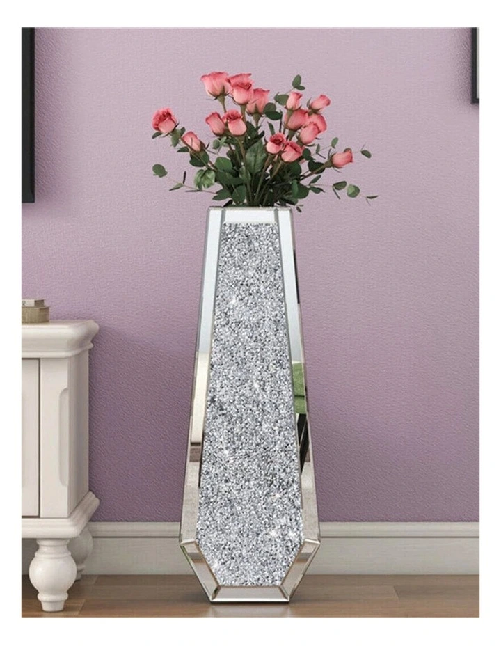 Tall Silver Diamond Floor Vase with Crushed Crystal Inlay image 2
