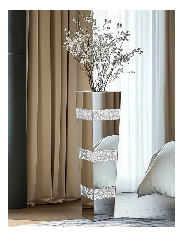 Silver Crushed Diamond Flower Vase with Mirrored Glass for Elegant Home Decoration image 2