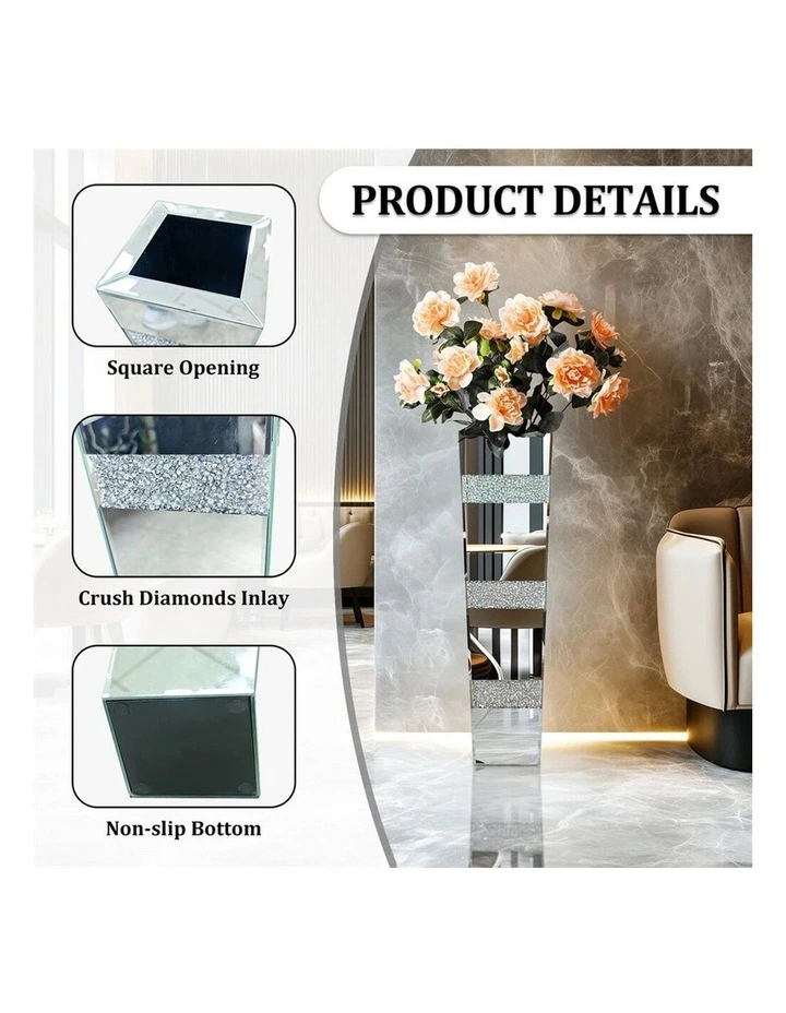 Silver Crushed Diamond Flower Vase with Mirrored Glass for Elegant Home Decoration image 5