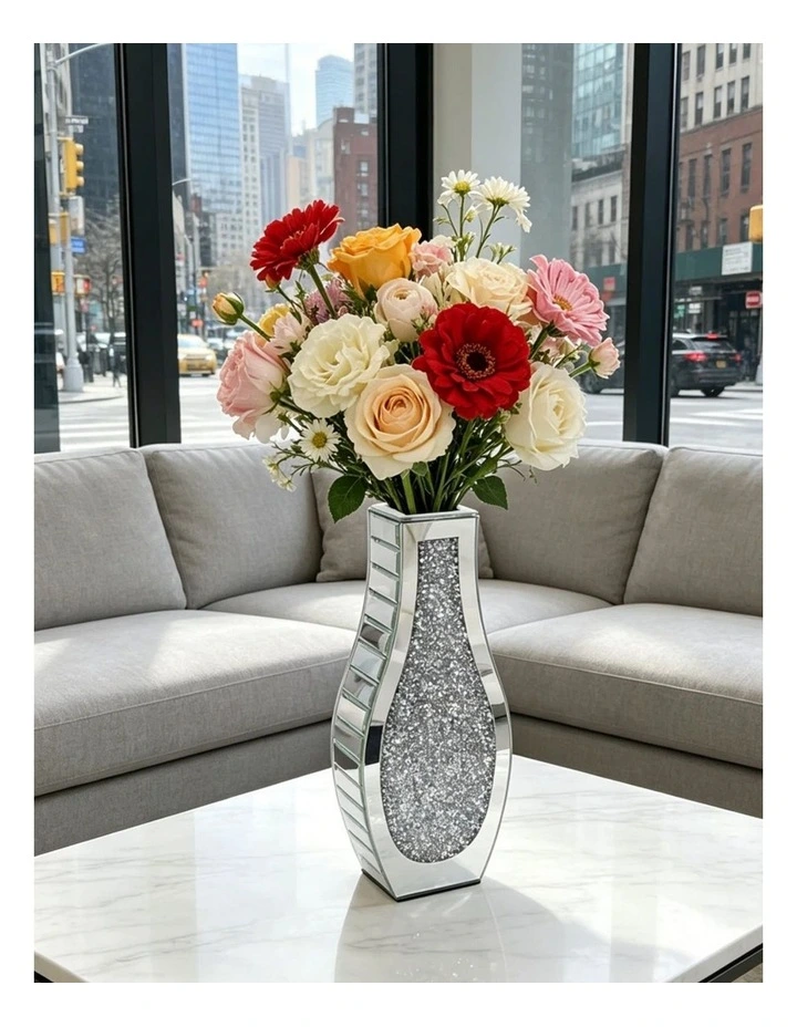 Silver Mirrored Glass Vase Crystal Inlay Decorative Table Flower Display image 2
