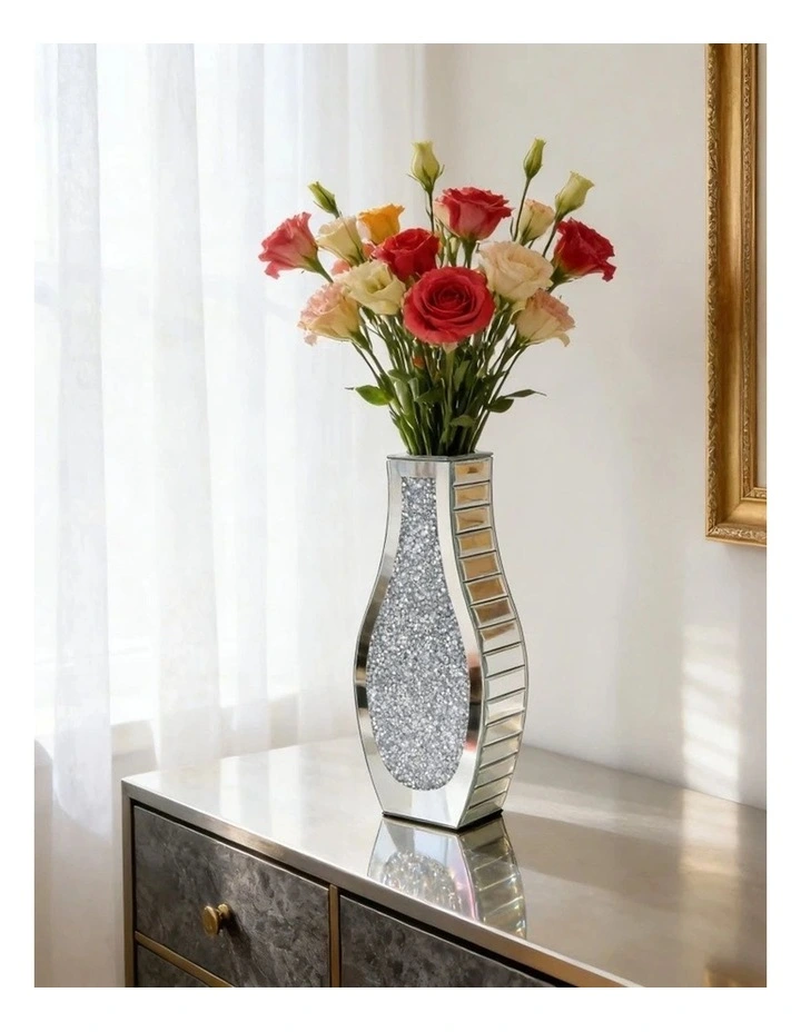 Silver Mirrored Glass Vase Crystal Inlay Decorative Table Flower Display image 3