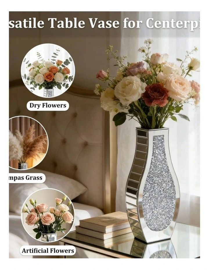 Silver Mirrored Glass Vase Crystal Inlay Decorative Table Flower Display image 6