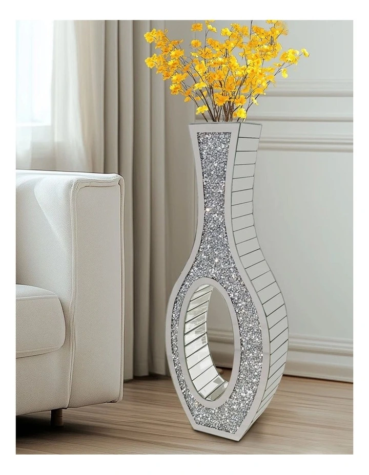 Silver Crushed Diamond Tall Floor Vase With Mirrored Glass And Elegant Design image 2