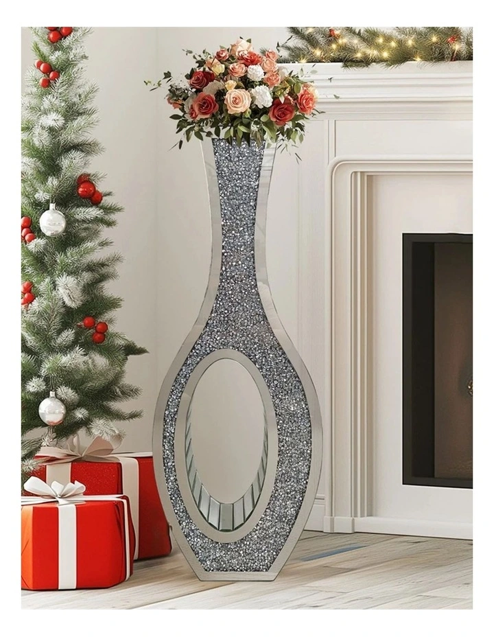 Silver Crushed Diamond Tall Floor Vase With Mirrored Glass And Elegant Design image 3
