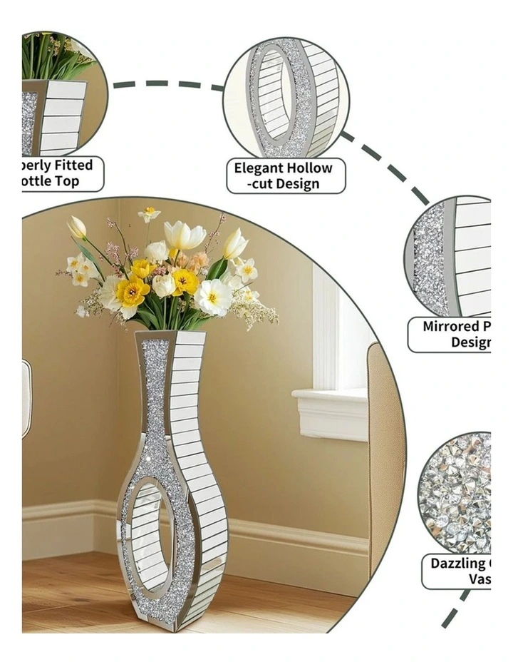 Silver Crushed Diamond Tall Floor Vase With Mirrored Glass And Elegant Design image 4