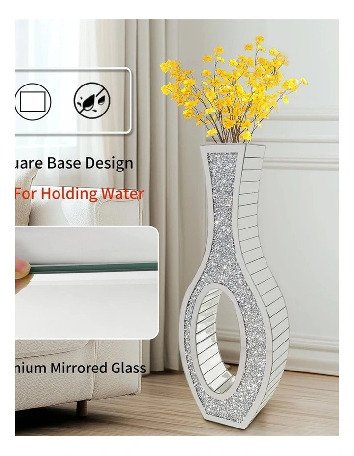 Silver Crushed Diamond Tall Floor Vase With Mirrored Glass And Elegant Design image 5