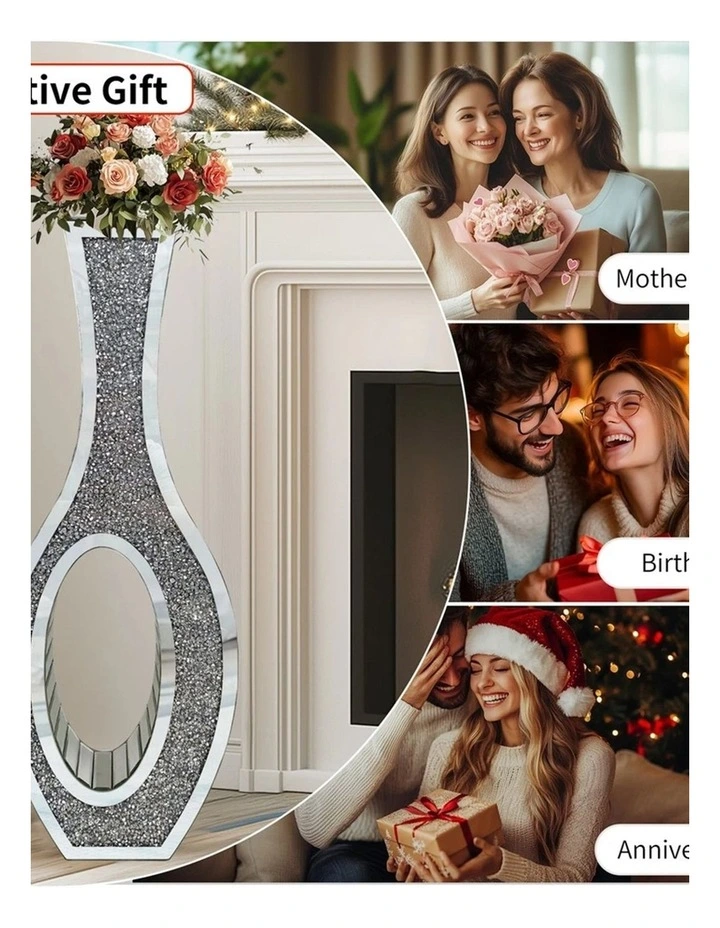 Silver Crushed Diamond Tall Floor Vase With Mirrored Glass And Elegant Design image 6