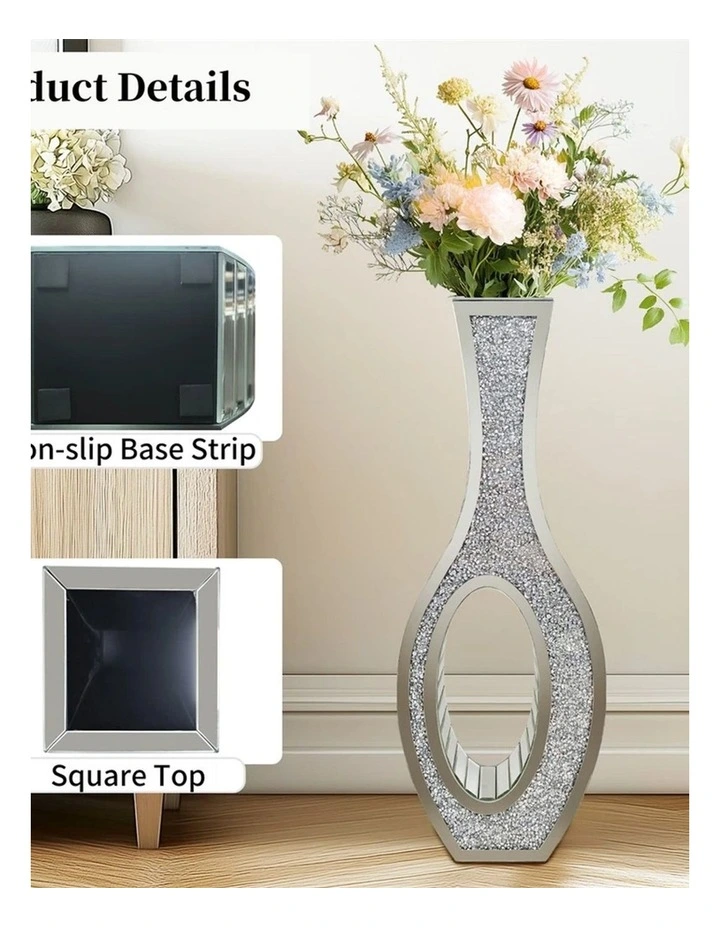 Silver Crushed Diamond Tall Floor Vase With Mirrored Glass And Elegant Design image 7