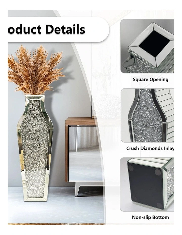 Silver Crushed Diamond Floor Vase Elegant Mirrored Centerpiece for Modern Decor image 4