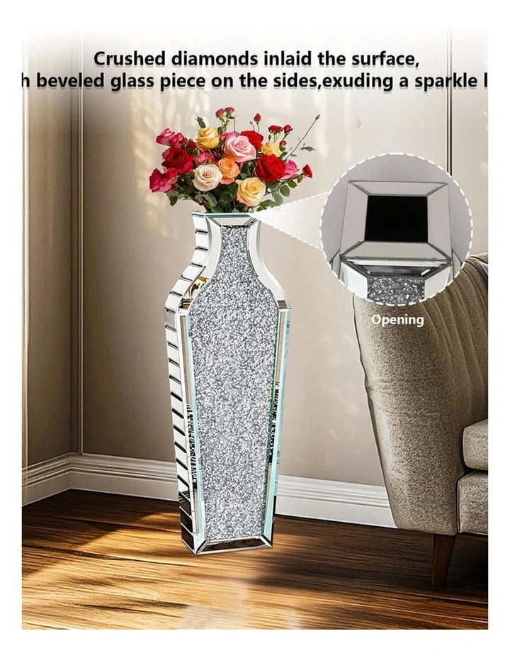 Silver Crushed Diamond Floor Vase Elegant Mirrored Centerpiece for Modern Decor image 5
