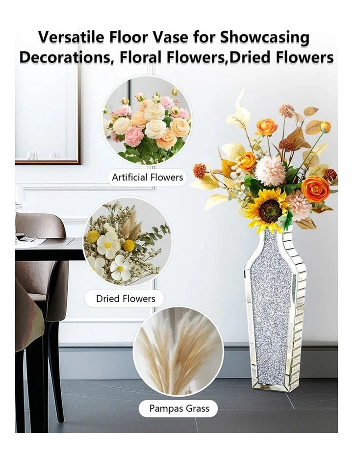 Silver Crushed Diamond Floor Vase Elegant Mirrored Centerpiece for Modern Decor image 6