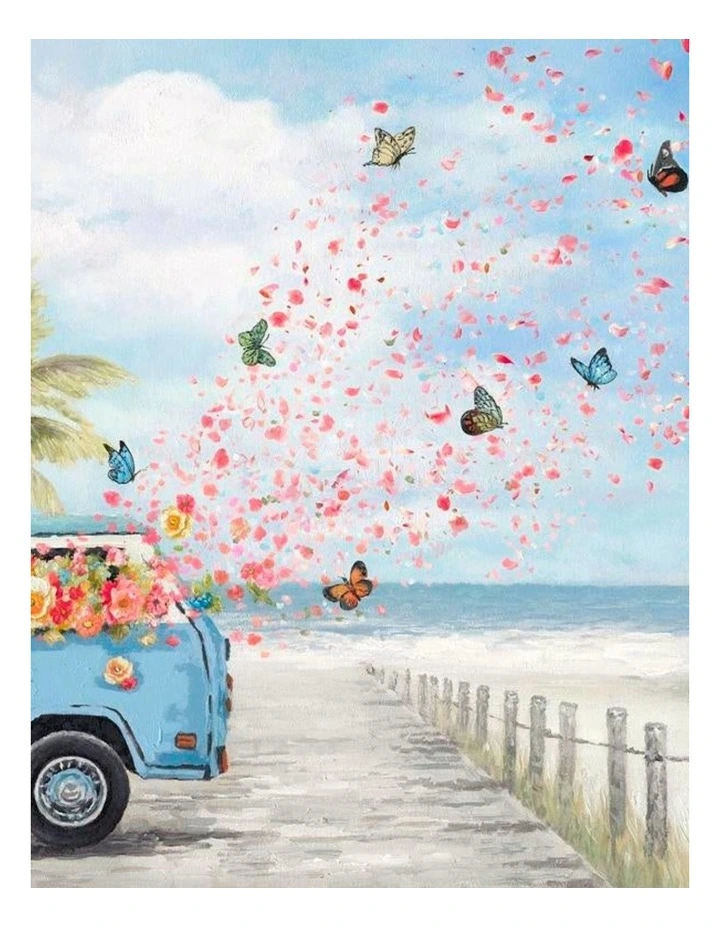 Kombi with Butterflies Canvas Print - Vibrant Wall Art 80x80cm image 1