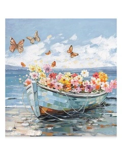 Boat with Flower & Butterflies Canvas Print - Vibrant Wall Art 80x80cm