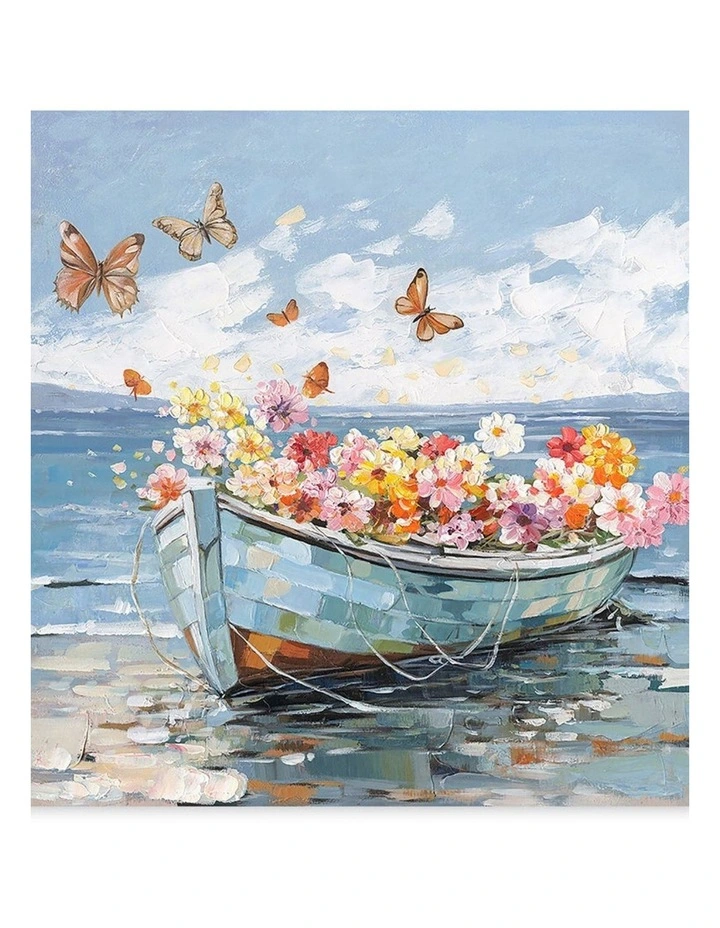 Boat with Flower & Butterflies Canvas Print - Vibrant Wall Art 80x80cm image 1