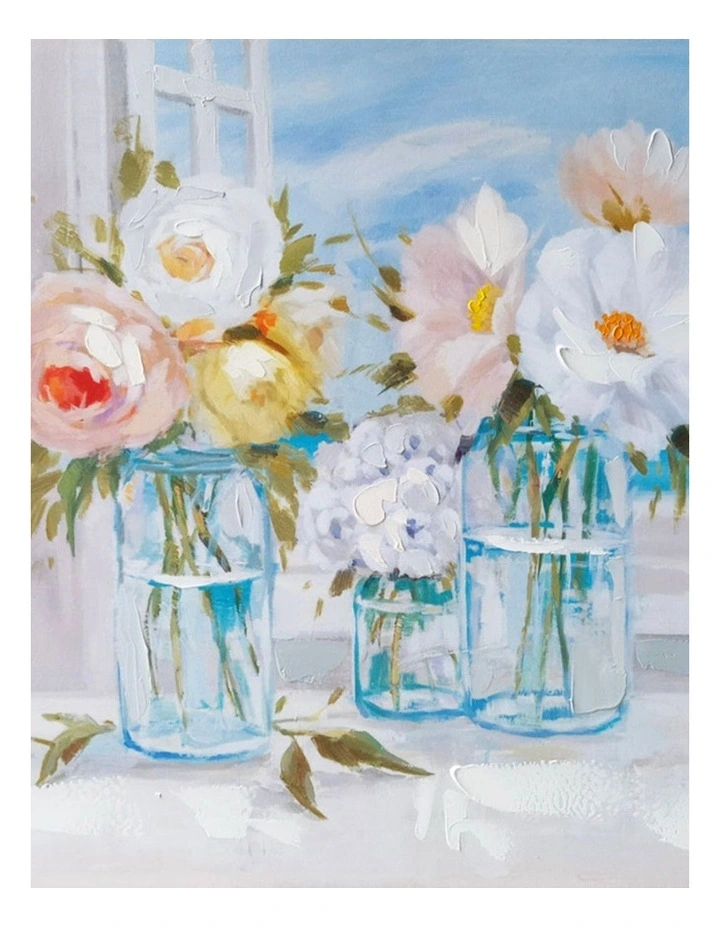Bouquet in Vase Hand Painting Picture - Elegant Modern Wall Art 80x80cm image 1