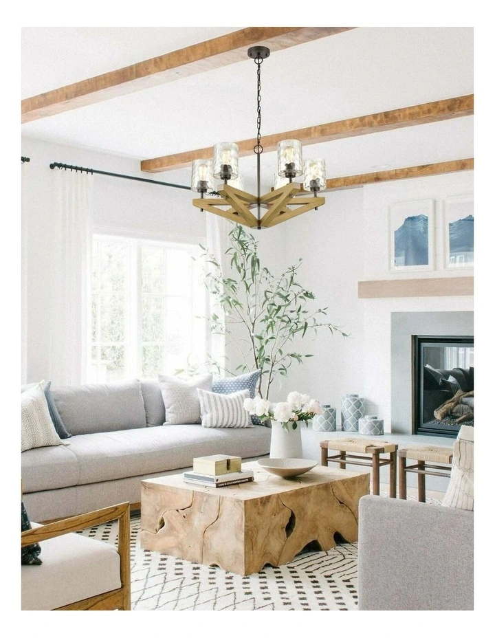 Votif Retro Interior Candelabra Oak Wood with Clear Blown Dimpled Glass Pendant Light image 2