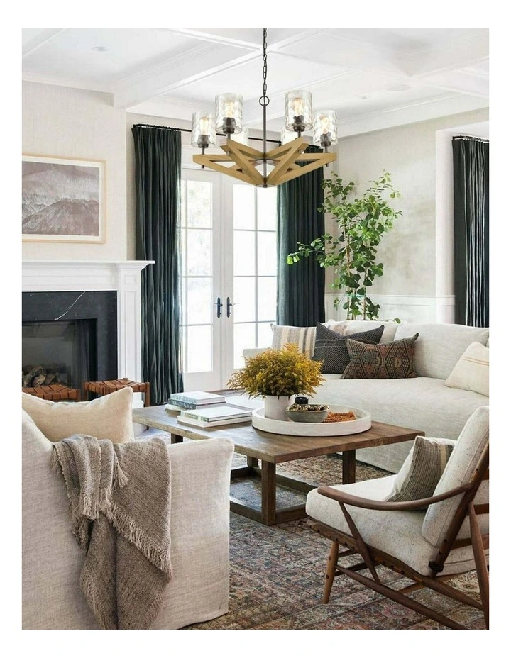 Votif Retro Interior Candelabra Oak Wood with Clear Blown Dimpled Glass Pendant Light image 3
