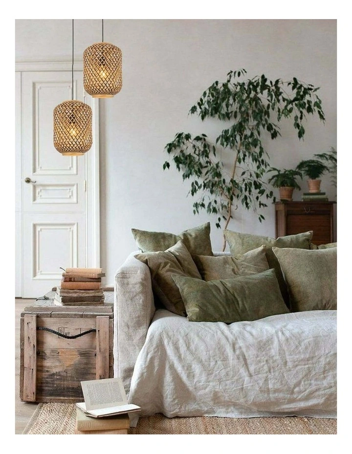 Cesta Bohemian Interior Cylinder Brown/Natural Bamboo Cage Pendant Light image 3