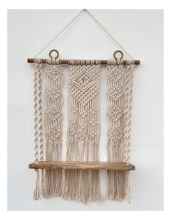 Fab Habitat Kibber Handcrafted Macram Wall Hanging with Wooden Shelf