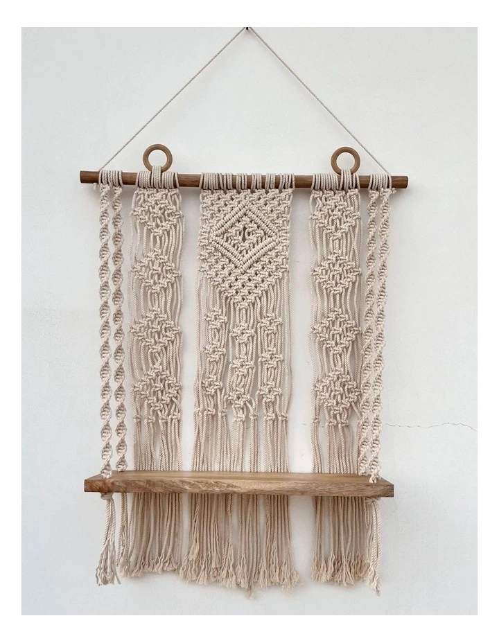 Fab Habitat Kibber Handcrafted Macram Wall Hanging with Wooden Shelf image 1
