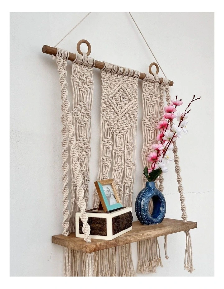 Fab Habitat Kibber Handcrafted Macram Wall Hanging with Wooden Shelf image 2