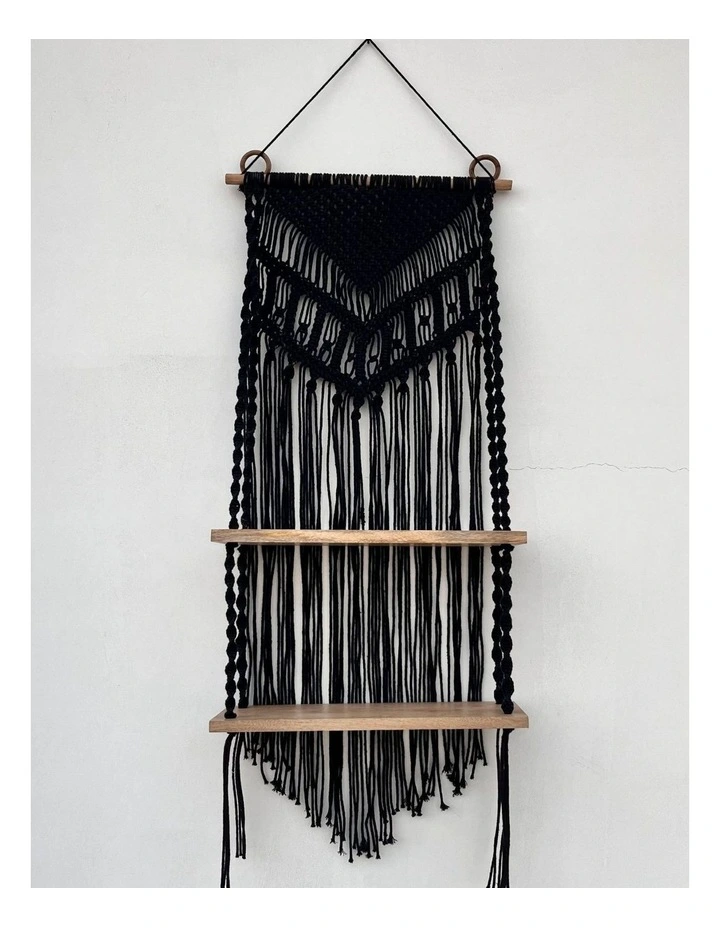Fab Habitat Kalpa Handcrafted Black Macram Wall Hanging with Dual Wooden Shelves image 1