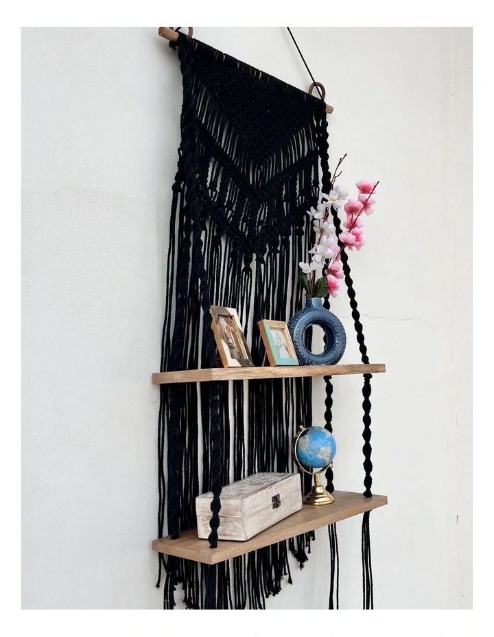 Fab Habitat Kalpa Handcrafted Black Macram Wall Hanging with Dual Wooden Shelves image 2