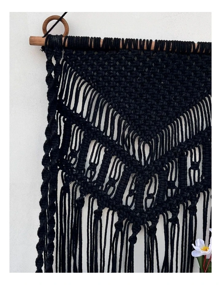 Fab Habitat Kalpa Handcrafted Black Macram Wall Hanging with Dual Wooden Shelves image 3