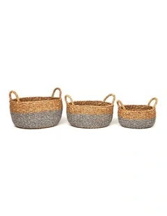 Fab Habitat Dohar Set of 3 Handmade Seagrass and Jute Round Storage Basket with Handles in Grey