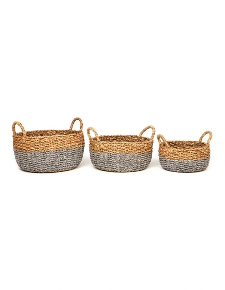 Fab Habitat Dohar Set of 3 Handmade Seagrass and Jute Round Storage Basket with Handles in Grey image 1