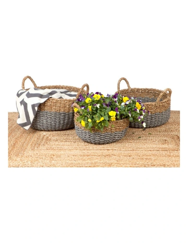 Fab Habitat Dohar Set of 3 Handmade Seagrass and Jute Round Storage Basket with Handles in Grey image 2