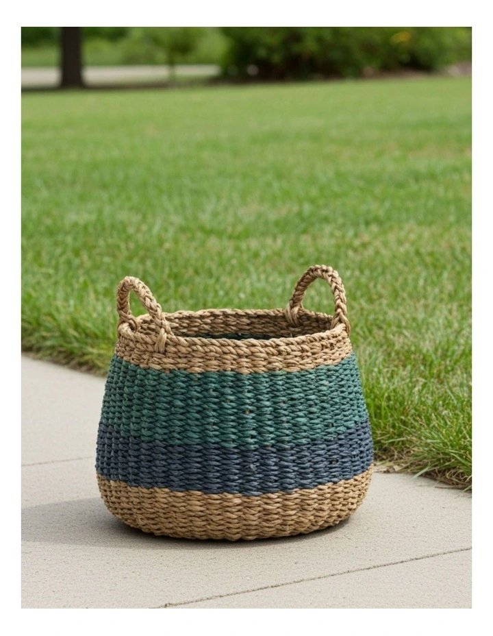 Fab Habitat Harlem Handmade Seagrass Storage Basket and Planter with Handles in Blue image 2