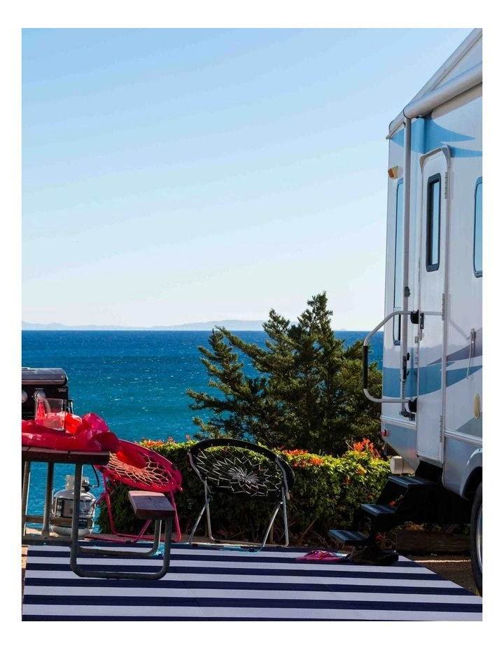 Fab Habitat Brittany Stripes Foldable Waterproof Caravan Outdoor Mat in Blue and White image 3