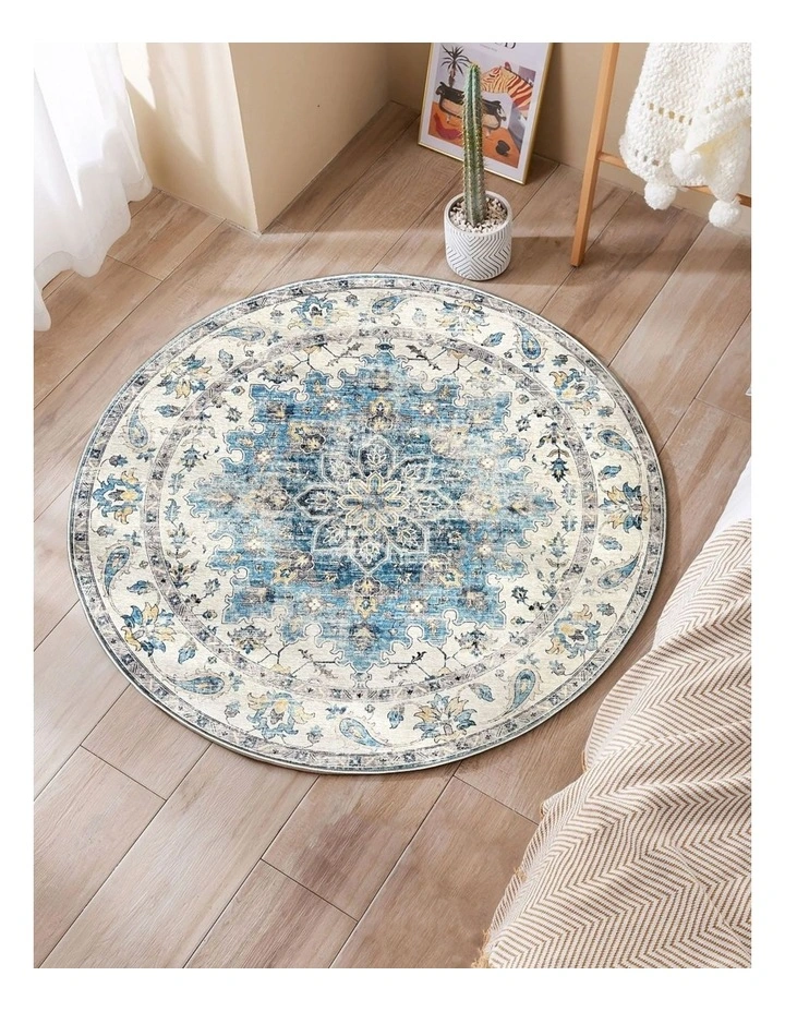 Fab Habitat Conrad Traditional Distressed Round Non Slip Rug in Blue image 2