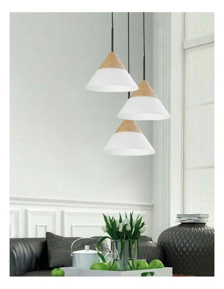 Finn Scandinavian Blonde Wood & Opal Glass Wide Cone Pendant Light image 2