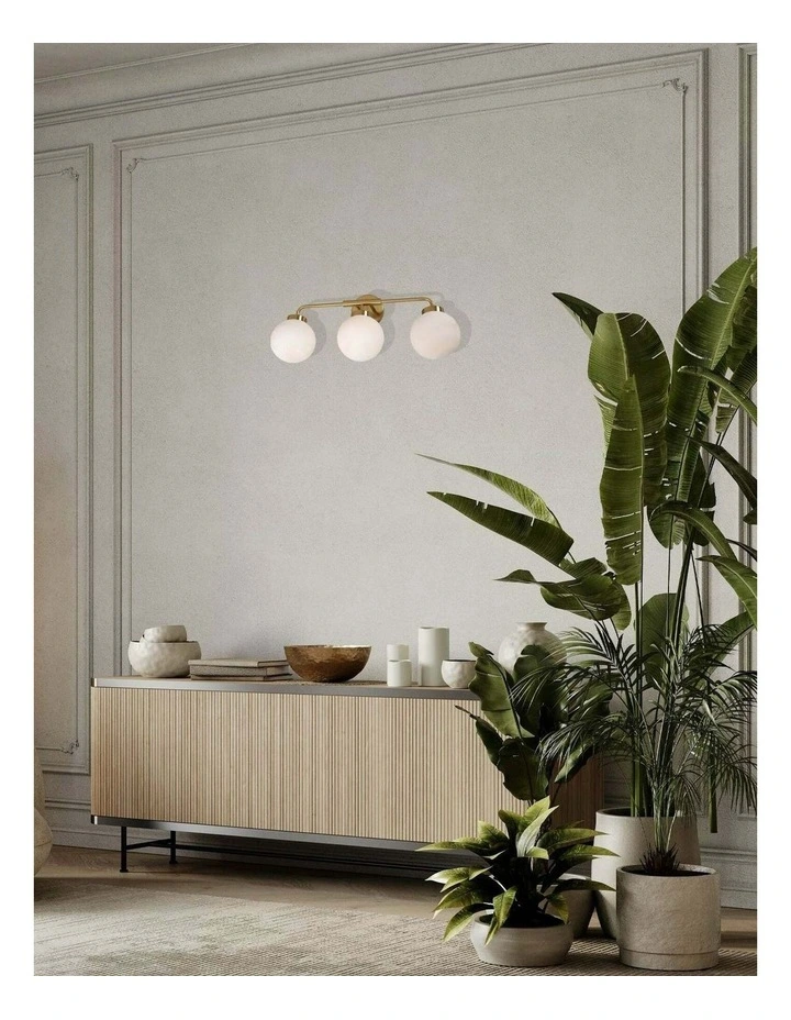 Palla Interior Triple Sphere Alabaster with Brass Highlight Round Base Wall Light image 2